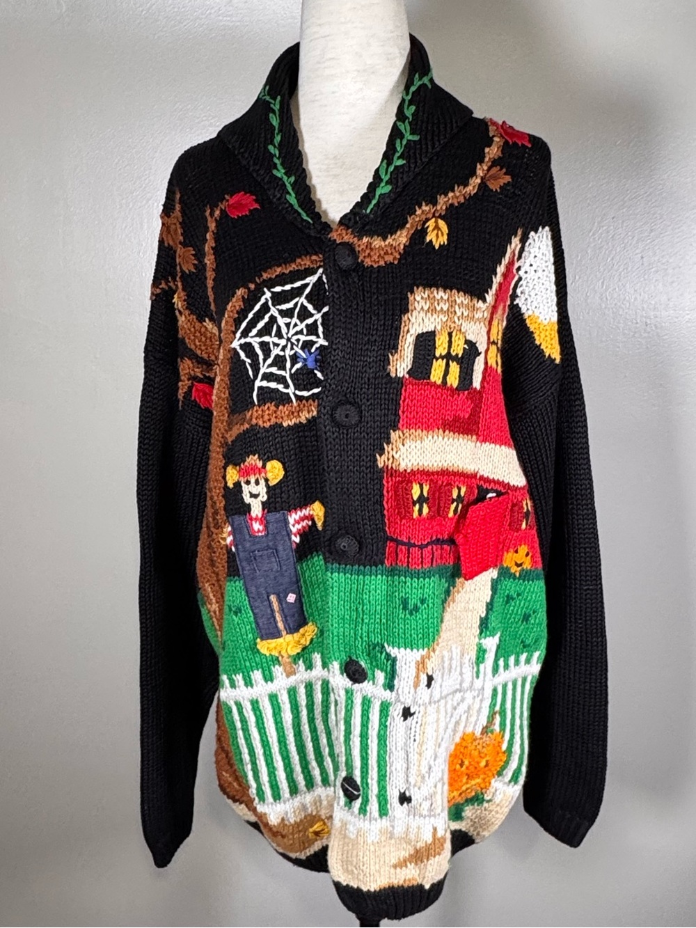 Vintage The Eagles Eye 90s Hand Knit Haunted House Farm Scene Halloween Cardigan